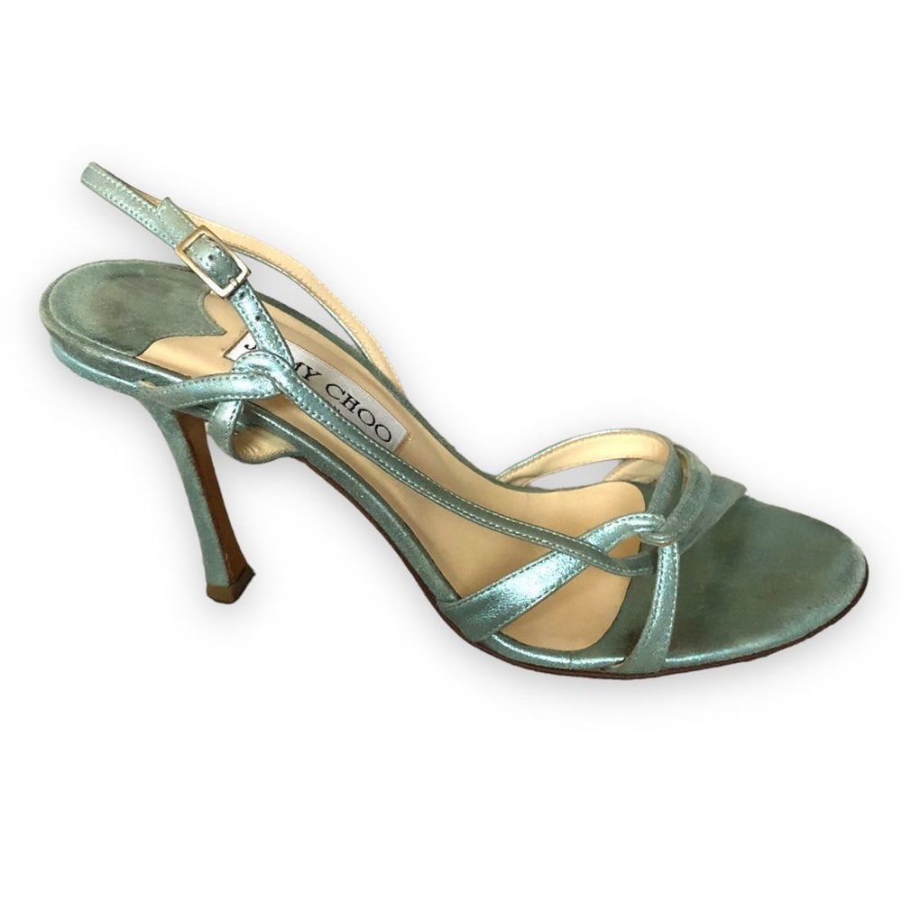 Jimmy Choo 37.5 US 7.5 BURMA Heels Sandal Metallic Strappy Mint Green Y2k 99s